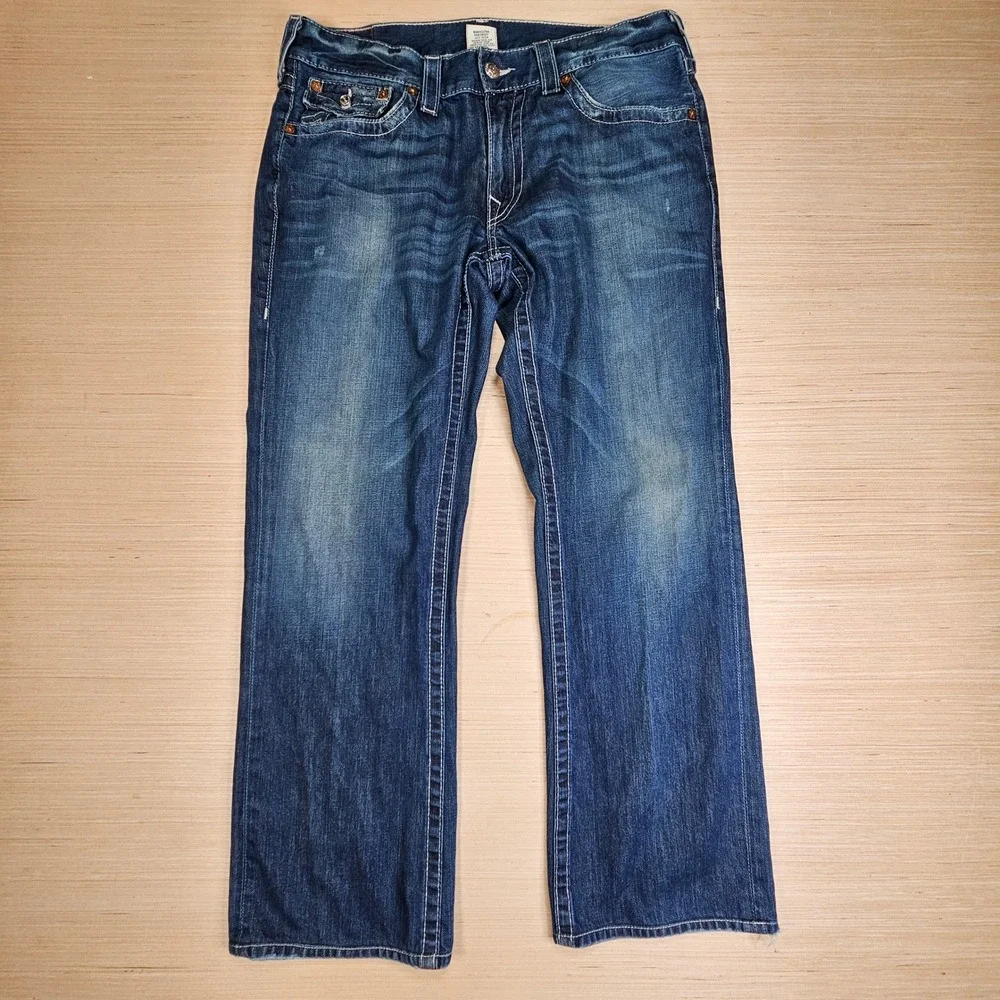 True Religion Ricky Jeans Mens 36x32 Blue Straight Leg Big T Stitch Made In USA